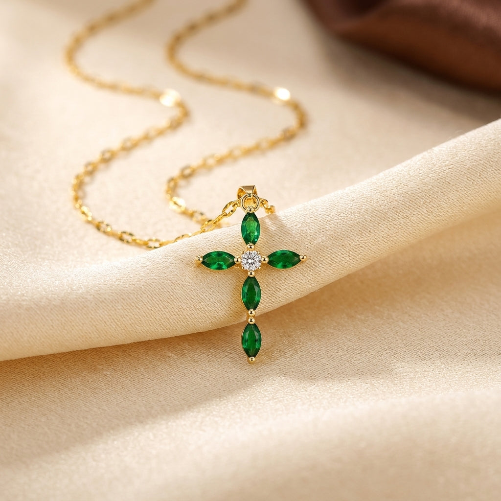 Verity | Emerald Marquise Cross Necklace