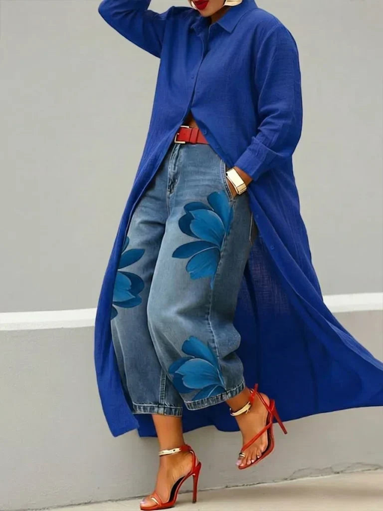 Mallory |  Stylish Shirt Dress and Floral Jeans Set