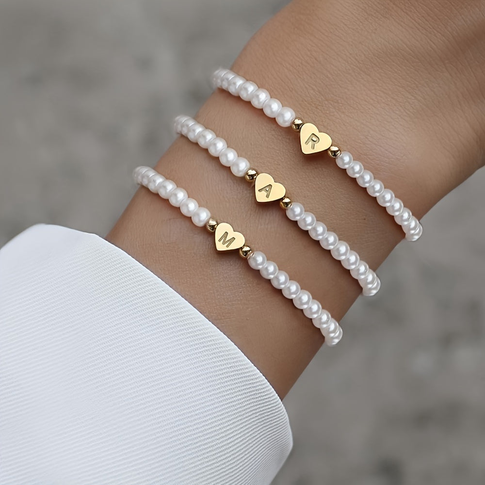 Ursa | Personalised Pearl Bead Bracelet with Heart Initial Charm
