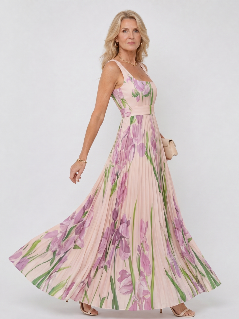 Phyllis | Sleeveless Satin Midi Dress with Square Neckline and Elegant Pleats