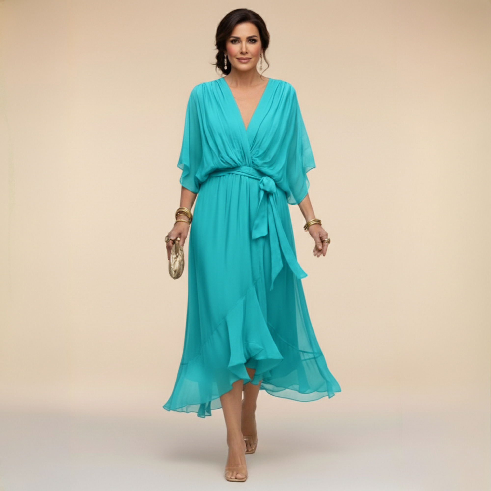 Verenia | Elegant V-Neck Flowy Sleeve Dress