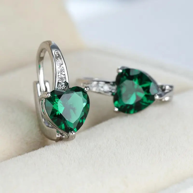 Kira | Silver Emerald Heart Hoop Earrings