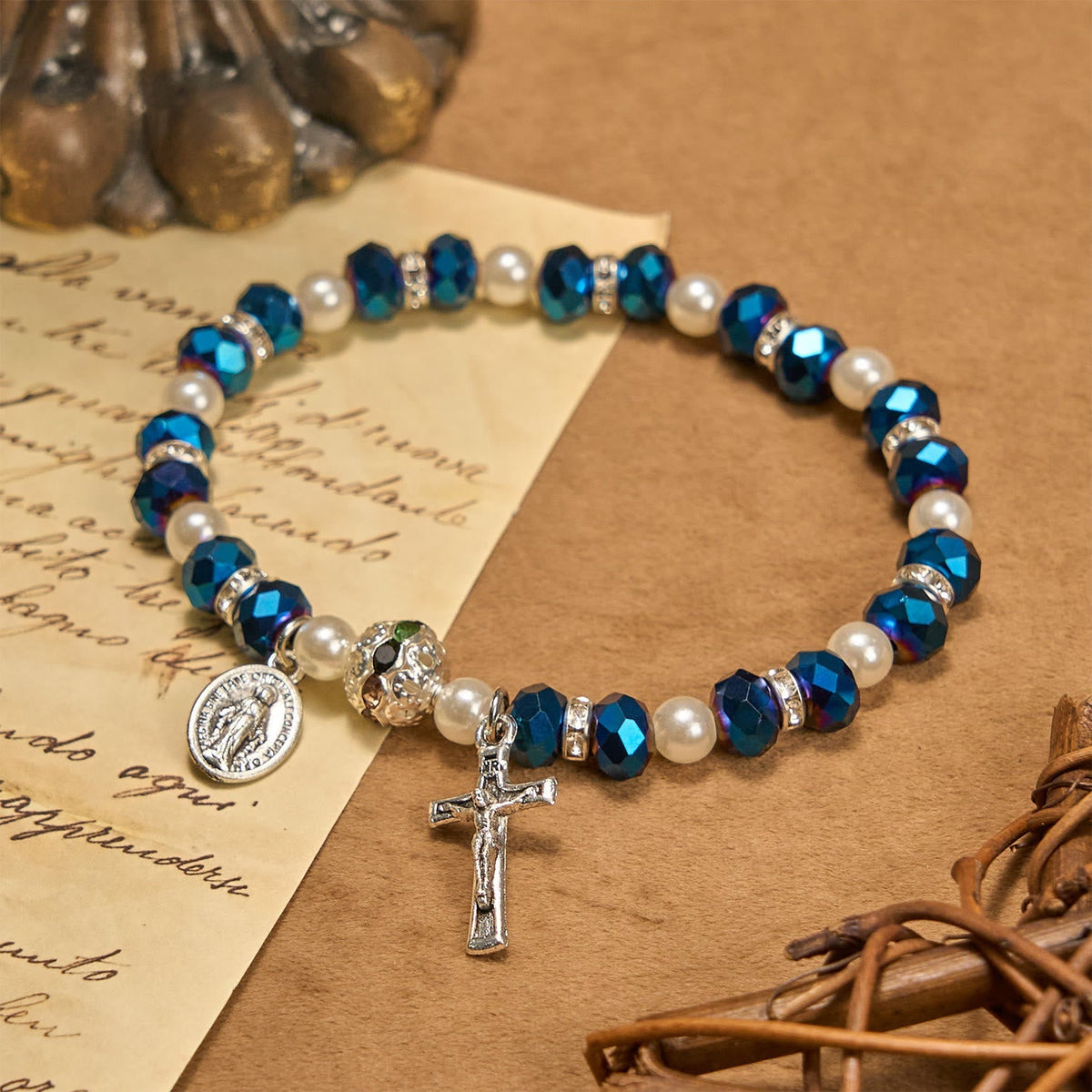 Christianartworkshop Modern Clear Crystal Stretch Braceletwith Crucifix & Miraculous Medal: Contemporary Faith Statement