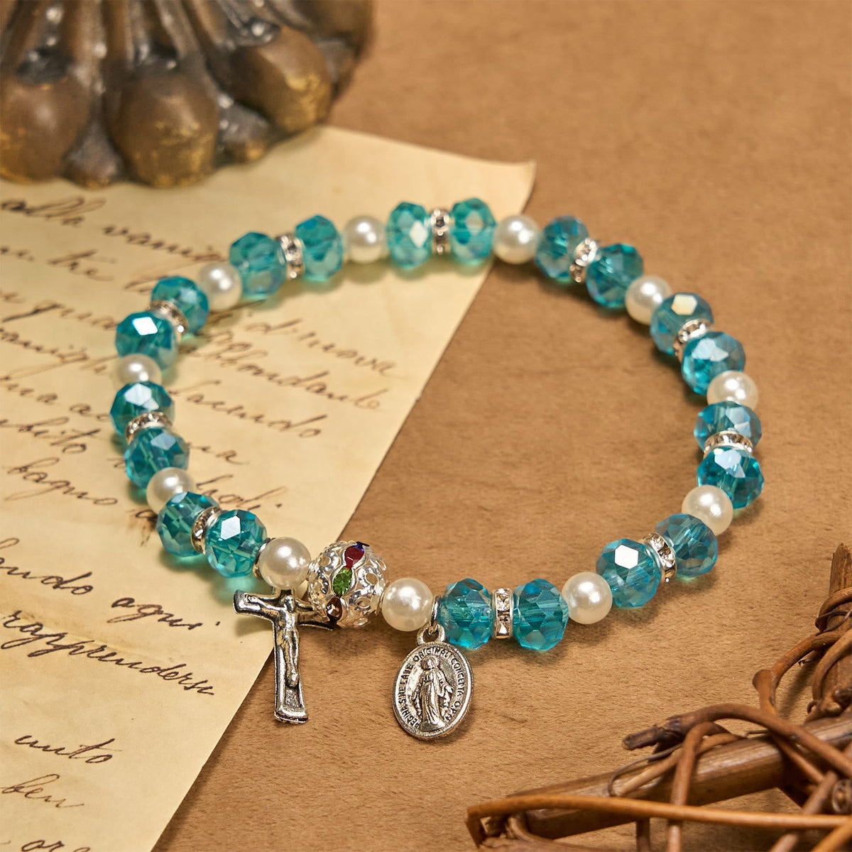 Christianartworkshop Modern Clear Crystal Stretch Braceletwith Crucifix & Miraculous Medal: Contemporary Faith Statement