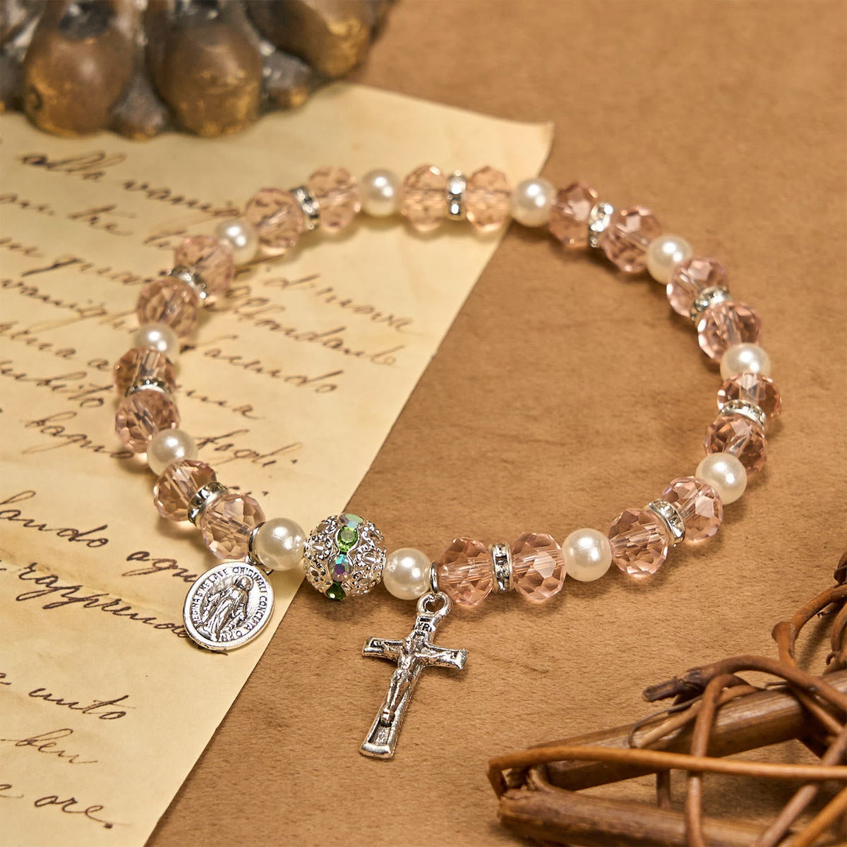 Christianartworkshop Modern Clear Crystal Stretch Braceletwith Crucifix & Miraculous Medal: Contemporary Faith Statement