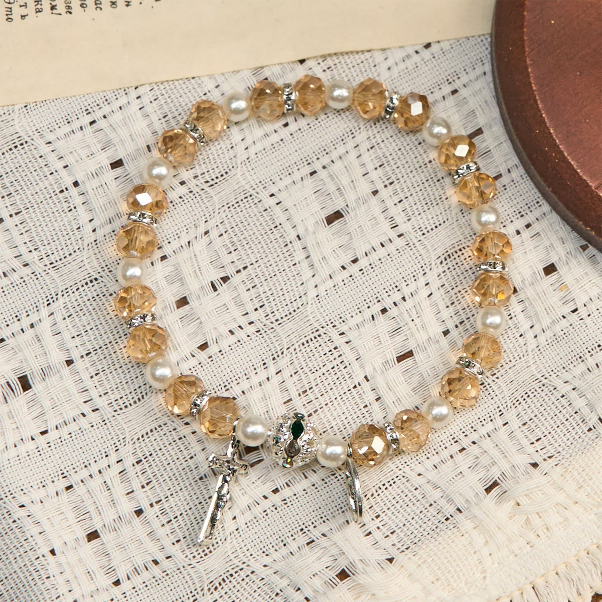 Christianartworkshop Modern Clear Crystal Stretch Braceletwith Crucifix & Miraculous Medal: Contemporary Faith Statement