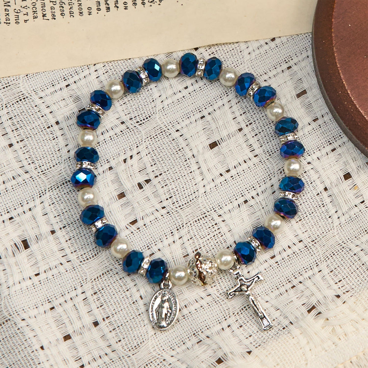 Christianartworkshop Modern Clear Crystal Stretch Braceletwith Crucifix & Miraculous Medal: Contemporary Faith Statement