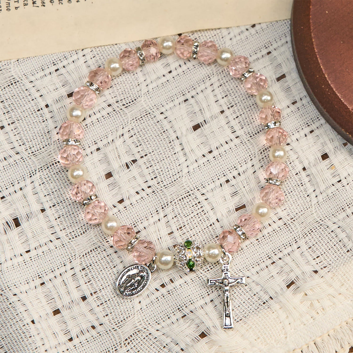 Christianartworkshop Modern Clear Crystal Stretch Braceletwith Crucifix & Miraculous Medal: Contemporary Faith Statement