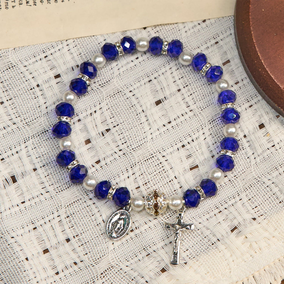 Christianartworkshop Modern Clear Crystal Stretch Braceletwith Crucifix & Miraculous Medal: Contemporary Faith Statement