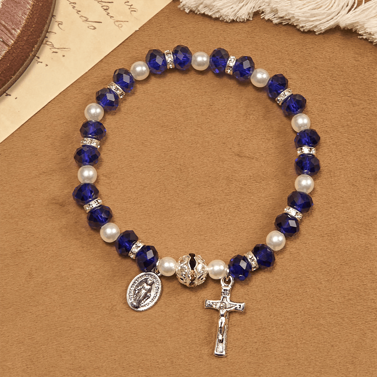 Christianartworkshop Modern Clear Crystal Stretch Braceletwith Crucifix & Miraculous Medal: Contemporary Faith Statement