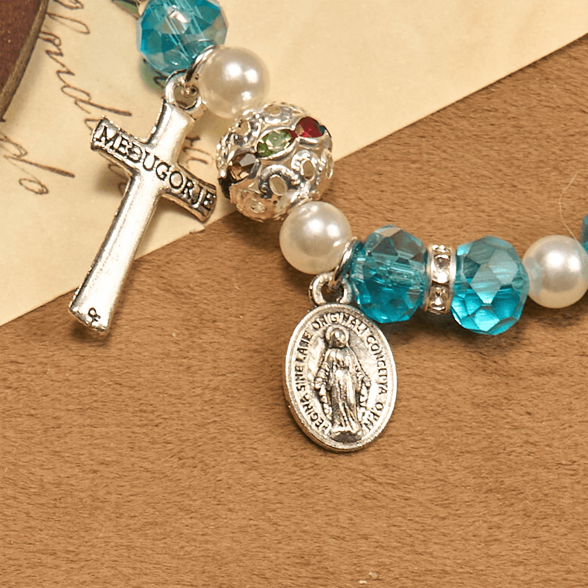 Christianartworkshop Modern Clear Crystal Stretch Braceletwith Crucifix & Miraculous Medal: Contemporary Faith Statement
