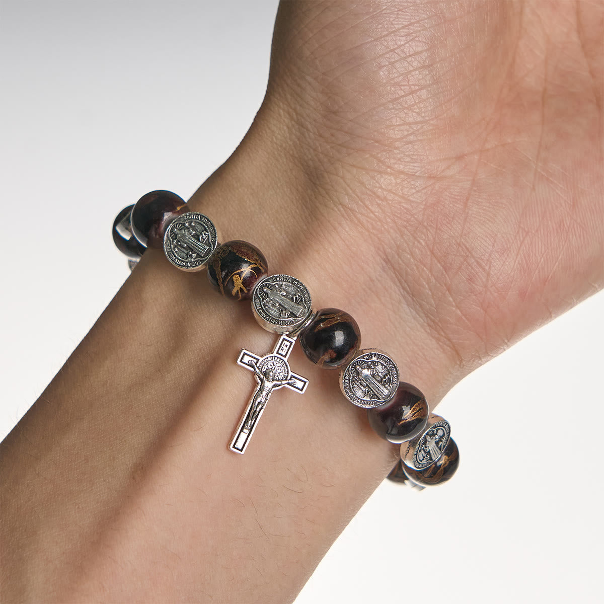 Christianartworkshop Tri-Color Beads Bracelet with Silver St. Benedict Medal and Crucifix: Divine Faith Artistry