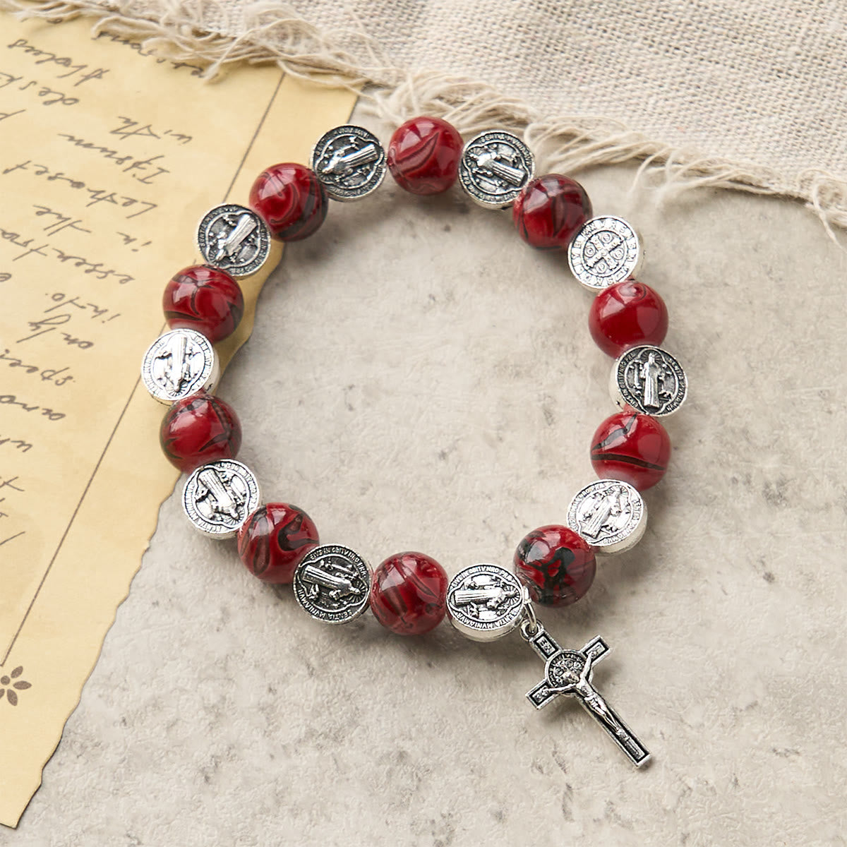 Christianartworkshop Tri-Color Beads Bracelet with Silver St. Benedict Medal and Crucifix: Divine Faith Artistry