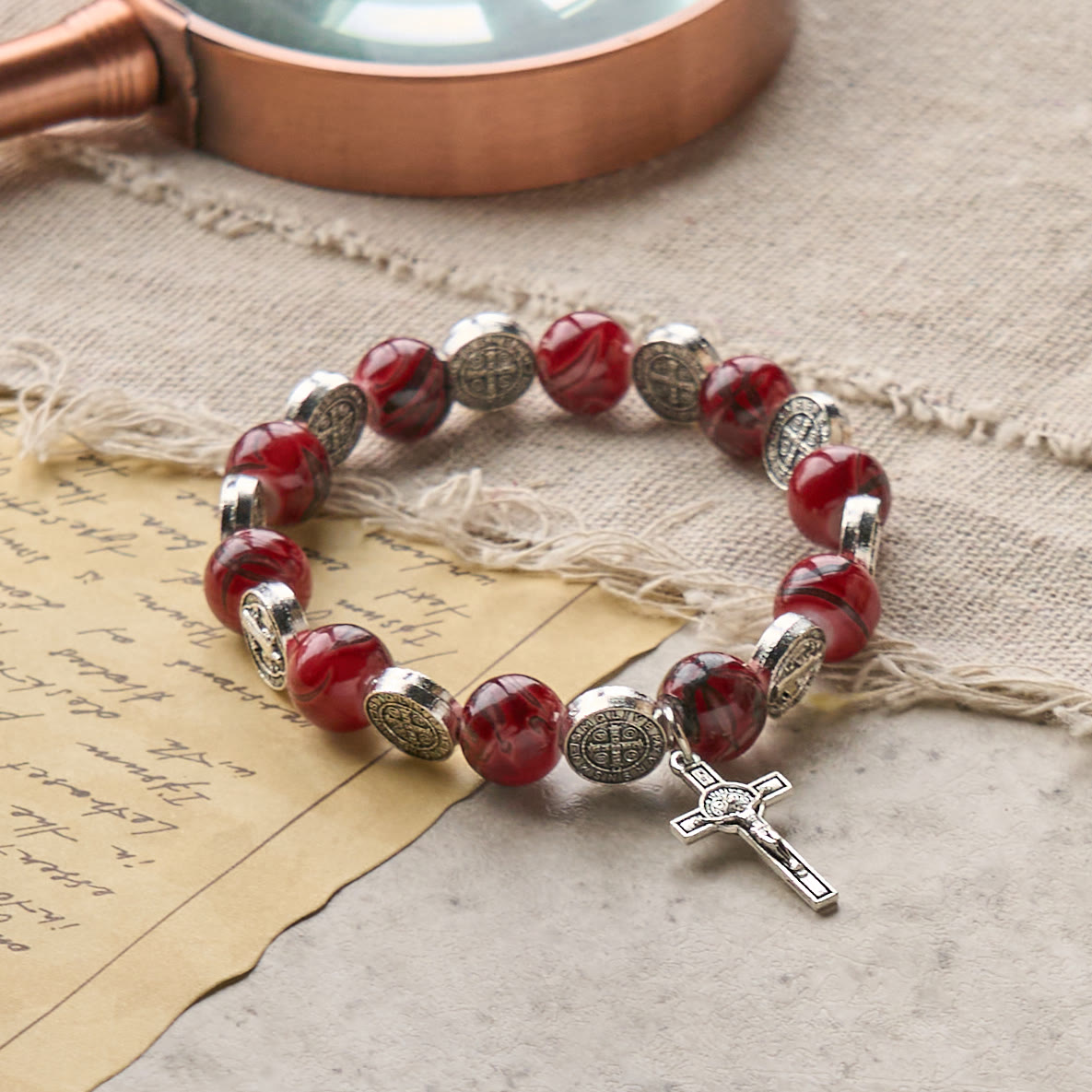 Christianartworkshop Tri-Color Beads Bracelet with Silver St. Benedict Medal and Crucifix: Divine Faith Artistry