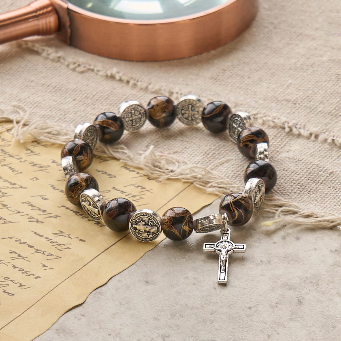 Christianartworkshop Tri-Color Beads Bracelet with Silver St. Benedict Medal and Crucifix: Divine Faith Artistry