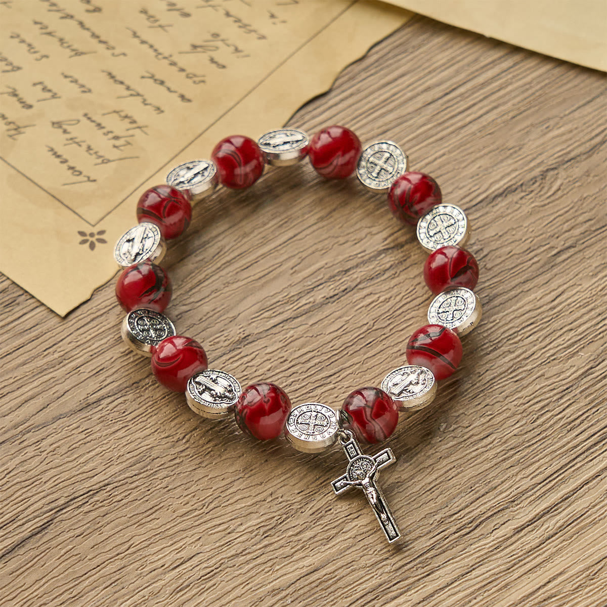 Christianartworkshop Tri-Color Beads Bracelet with Silver St. Benedict Medal and Crucifix: Divine Faith Artistry