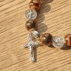 Christianartworkshop Tri-Color Beads Bracelet with Silver St. Benedict Medal and Crucifix: Divine Faith Artistry