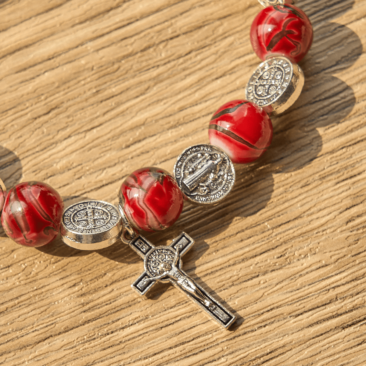 Christianartworkshop Tri-Color Beads Bracelet with Silver St. Benedict Medal and Crucifix: Divine Faith Artistry