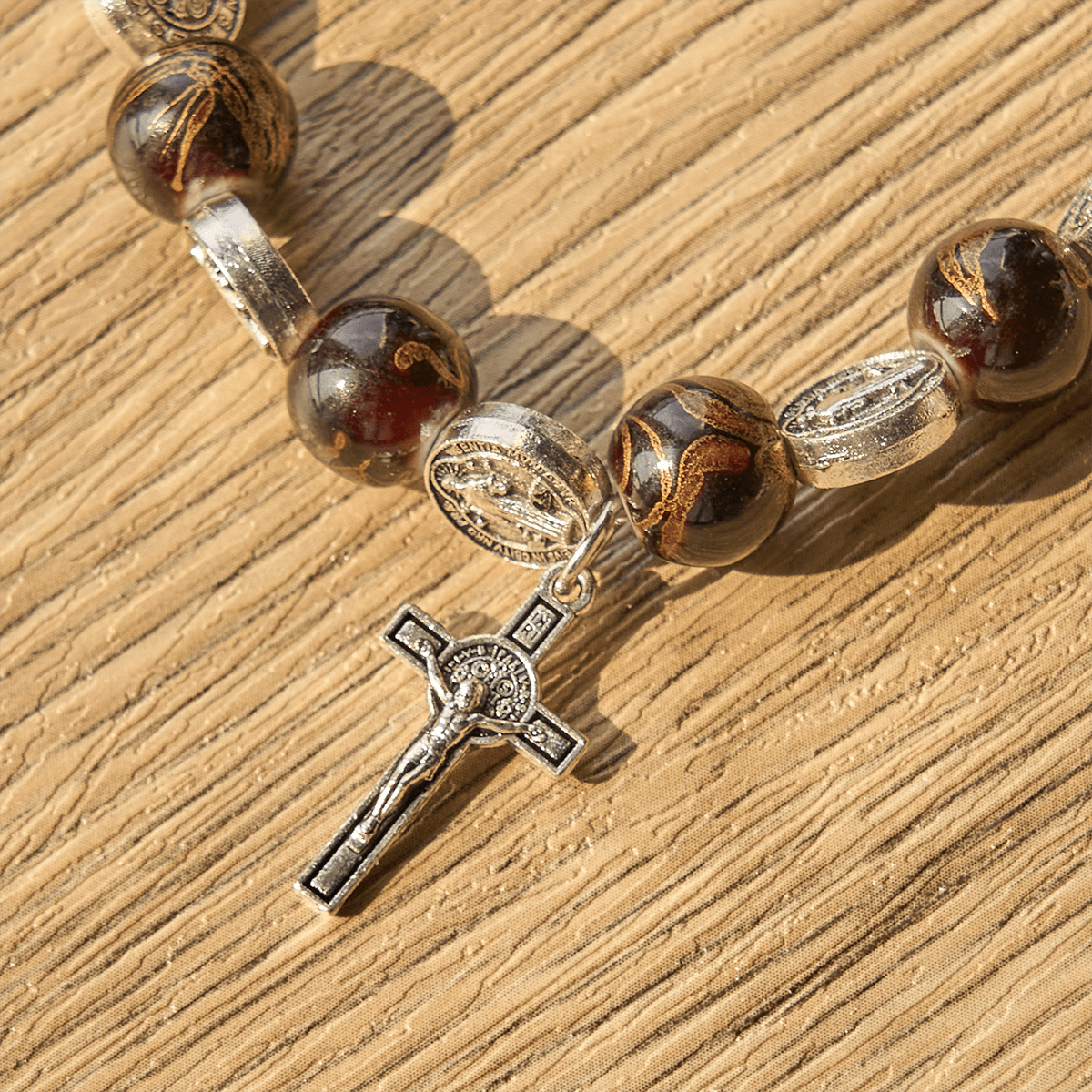 Christianartworkshop Tri-Color Beads Bracelet with Silver St. Benedict Medal and Crucifix: Divine Faith Artistry