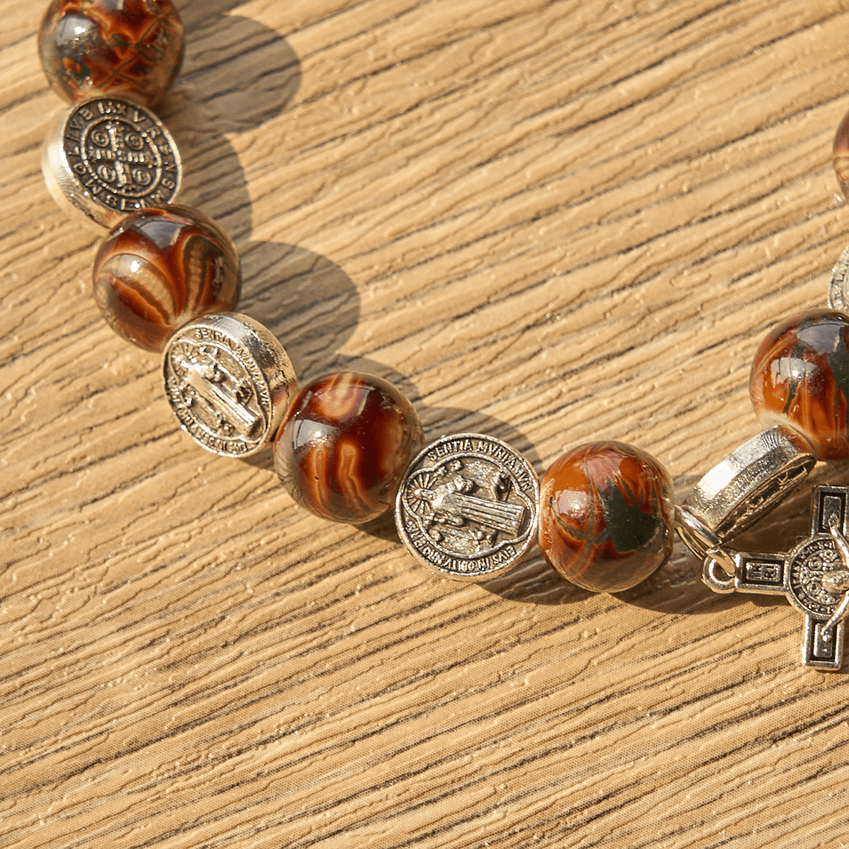 Christianartworkshop Tri-Color Beads Bracelet with Silver St. Benedict Medal and Crucifix: Divine Faith Artistry