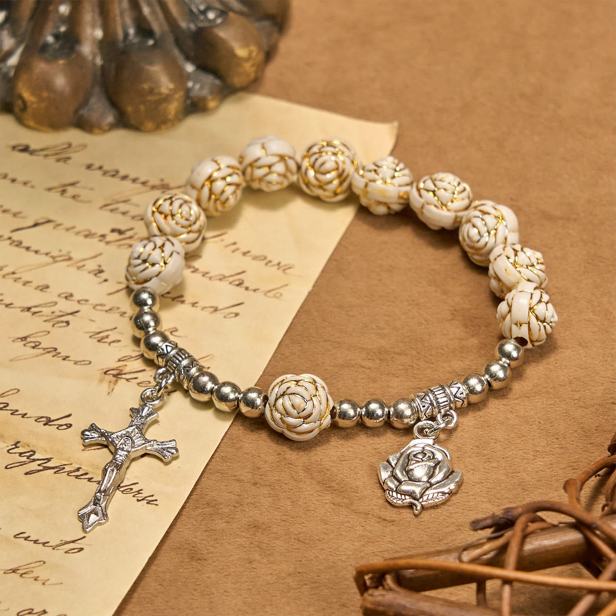 Christianartworkshop Artistically Sculpted 10mm White Rose Bead Rosary Bracelet with Crucifix