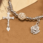 Christianartworkshop Artistically Sculpted 10mm White Rose Bead Rosary Bracelet with Crucifix