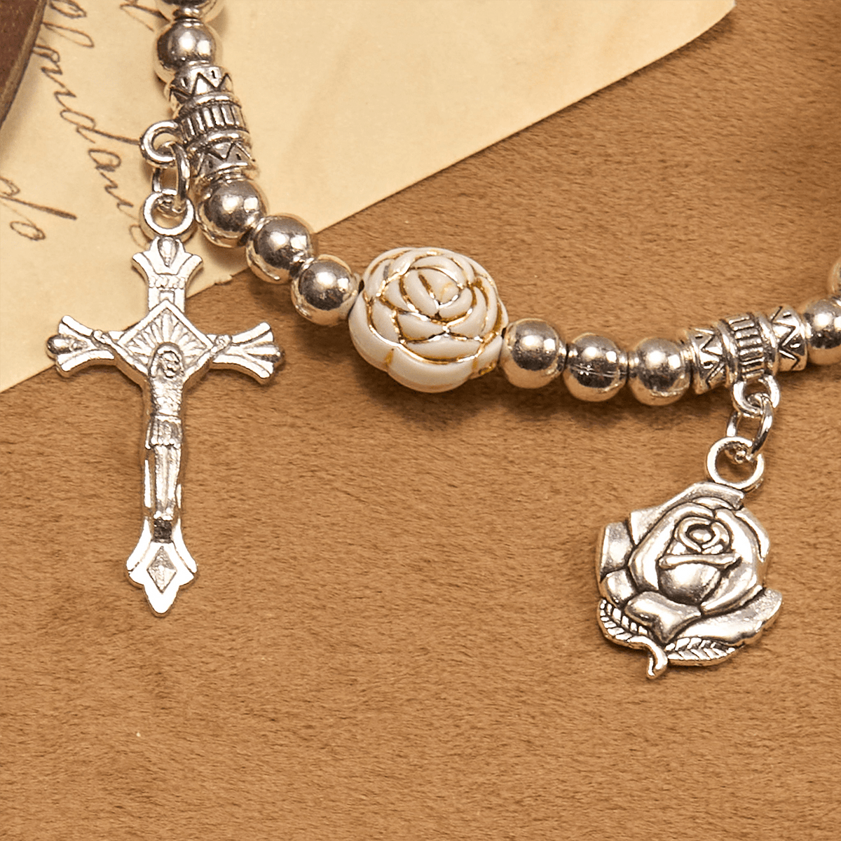 Christianartworkshop Artistically Sculpted 10mm White Rose Bead Rosary Bracelet with Crucifix