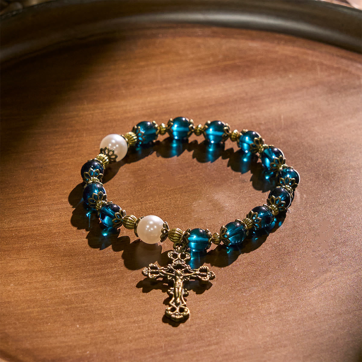 Christianartworkshop Spiritual Blue Gloss Bead Bracelets Featuring Sacred Brass Crucifix
