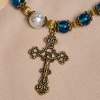 Christianartworkshop Spiritual Blue Gloss Bead Bracelets Featuring Sacred Brass Crucifix