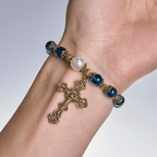 Christianartworkshop Spiritual Blue Gloss Bead Bracelets Featuring Sacred Brass Crucifix