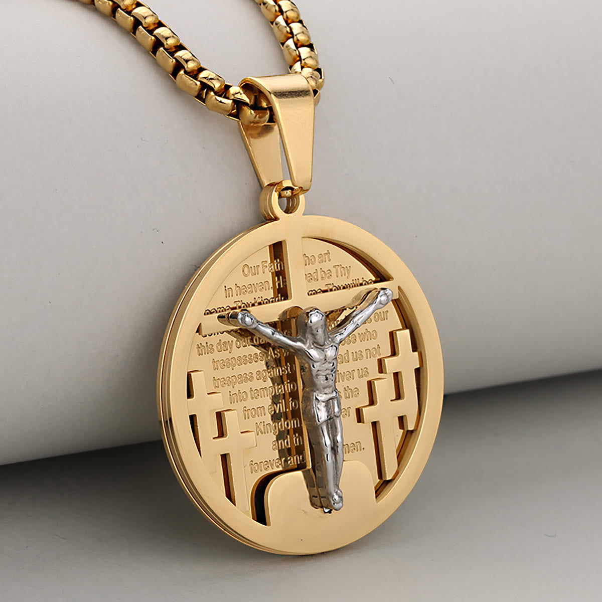 Christianartworkshop Round Crucifix Pendant Necklace in Four Colors Perfect for Religious Gifts