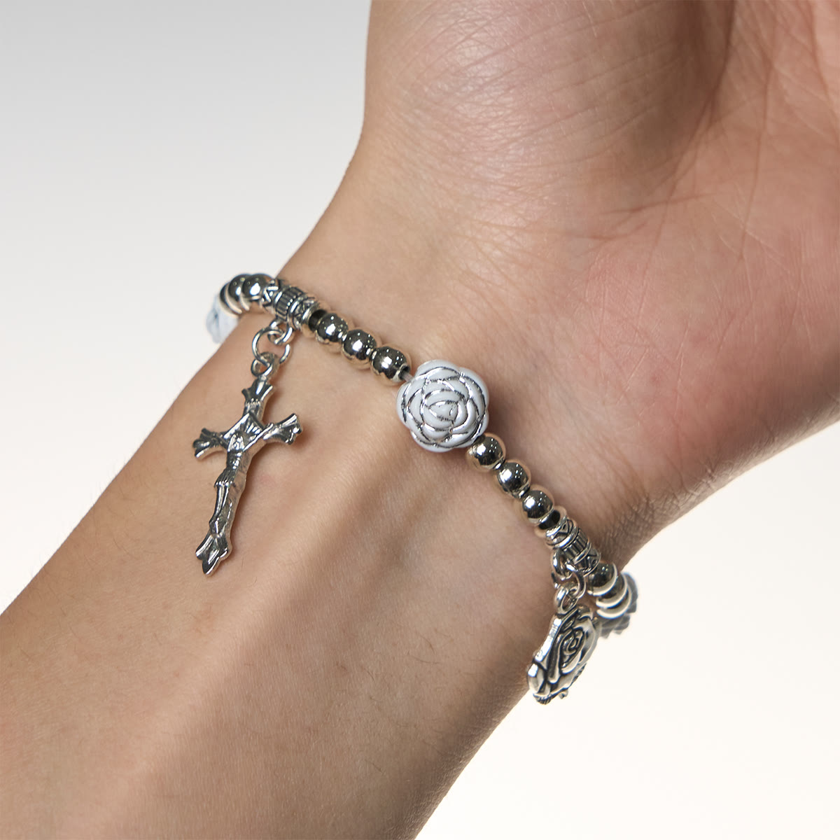 Christianartworkshop Delicate White Rose Devotional Beads Rosary and Bracelets with Virgin Mary