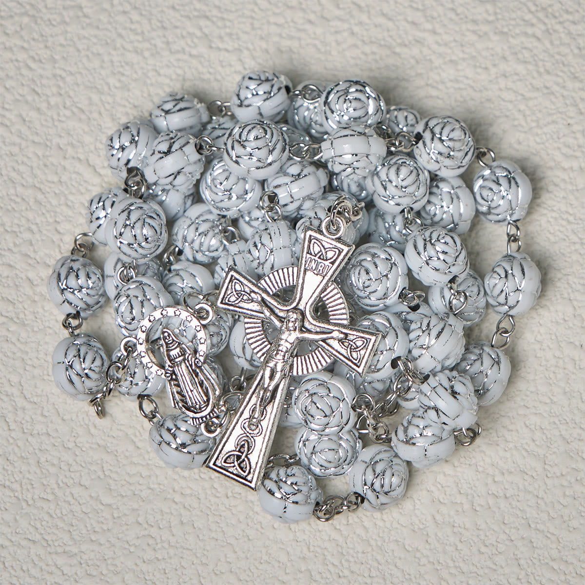 Christianartworkshop Delicate White Rose Devotional Beads Rosary and Bracelets with Virgin Mary