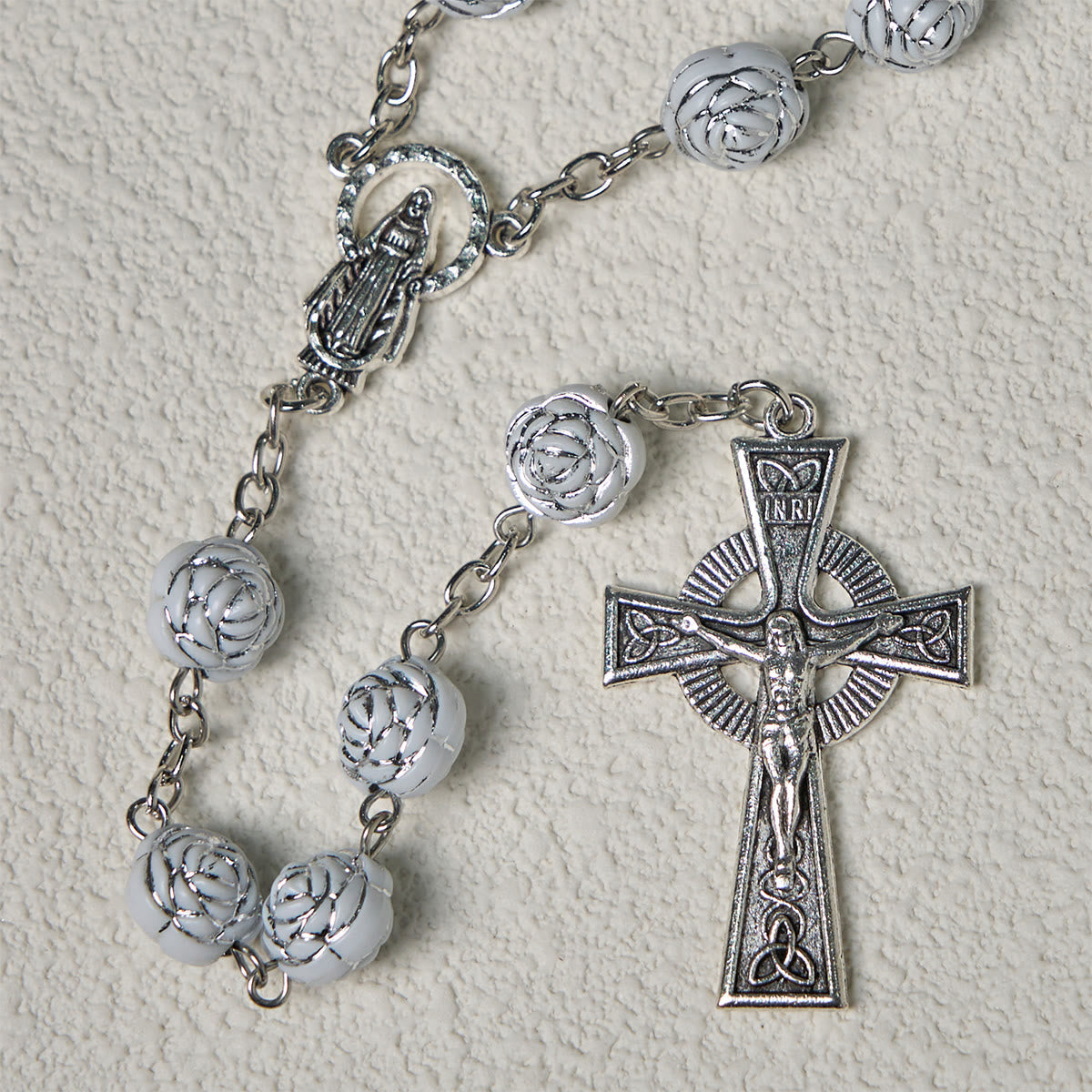Christianartworkshop Delicate White Rose Devotional Beads Rosary and Bracelets with Virgin Mary