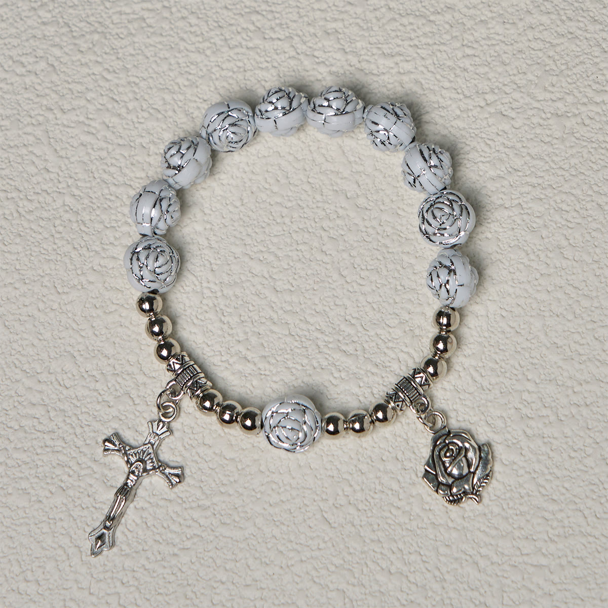 Christianartworkshop Delicate White Rose Devotional Beads Rosary and Bracelets with Virgin Mary
