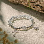 Christianartworkshop Delicate White Rose Devotional Beads Rosary and Bracelets with Virgin Mary