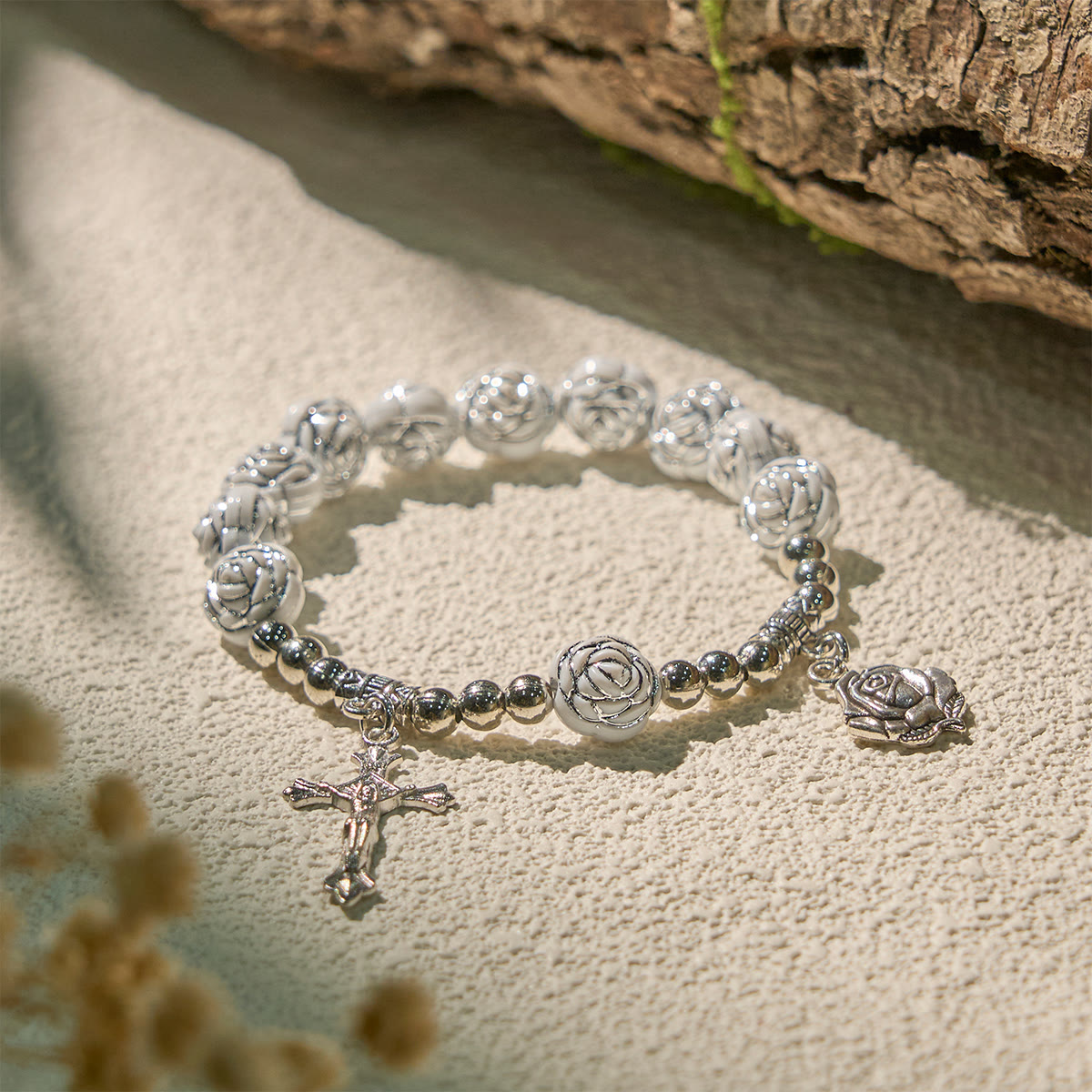 Christianartworkshop Delicate White Rose Devotional Beads Rosary and Bracelets with Virgin Mary