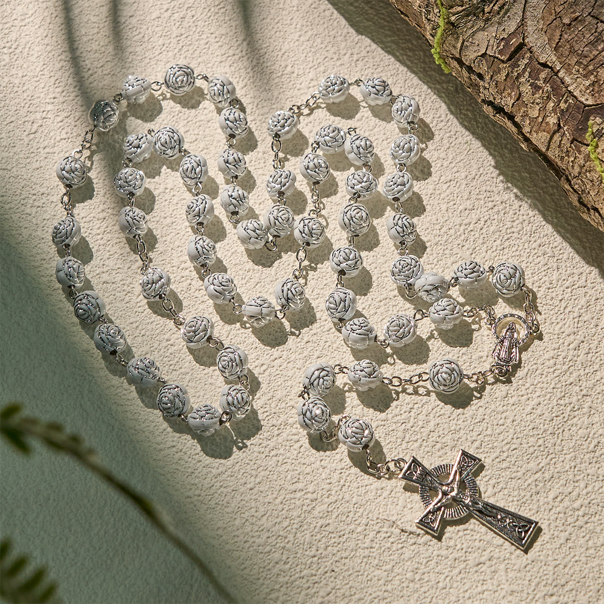 Christianartworkshop Delicate White Rose Devotional Beads Rosary and Bracelets with Virgin Mary
