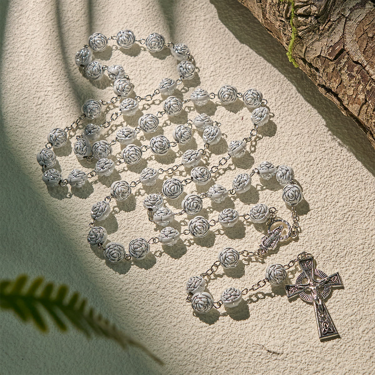 Christianartworkshop Delicate White Rose Devotional Beads Rosary and Bracelets with Virgin Mary