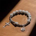 Christianartworkshop Delicate White Rose Devotional Beads Rosary and Bracelets with Virgin Mary