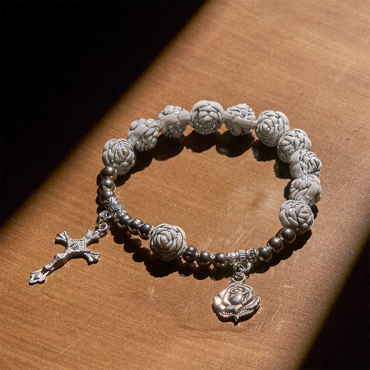 Christianartworkshop Delicate White Rose Devotional Beads Rosary and Bracelets with Virgin Mary