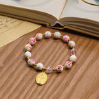 Christianartworkshop Elegant 8mm Flower Pattern Pink Ceramic Bracelet with Miraculous Medal