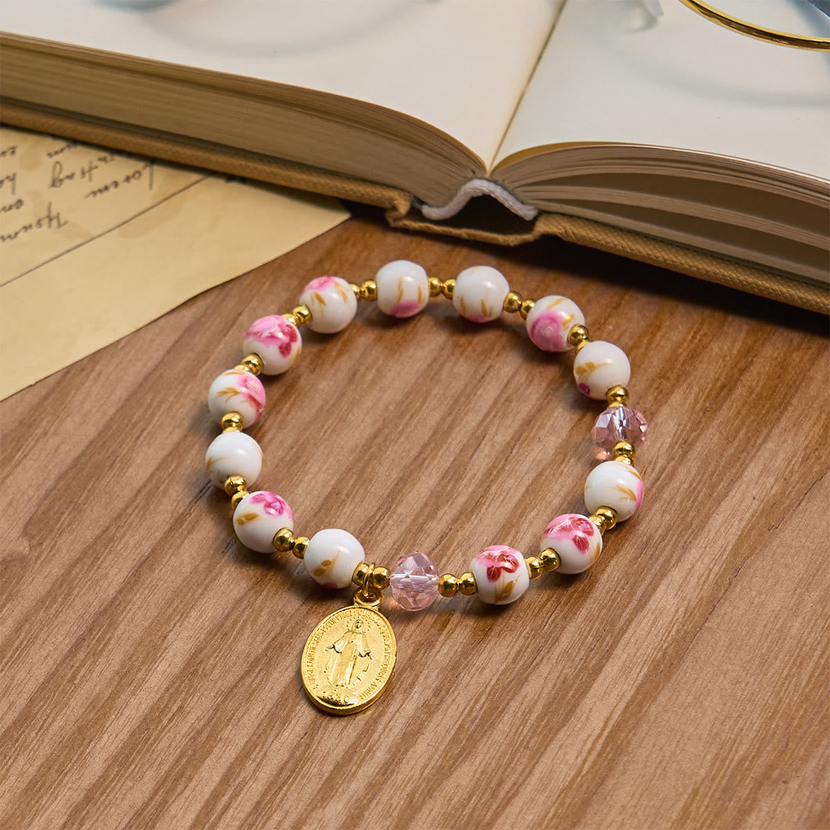Christianartworkshop Elegant 8mm Flower Pattern Pink Ceramic Bracelet with Miraculous Medal