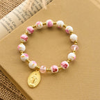 Christianartworkshop Elegant 8mm Flower Pattern Pink Ceramic Bracelet with Miraculous Medal