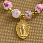 Christianartworkshop Elegant 8mm Flower Pattern Pink Ceramic Bracelet with Miraculous Medal