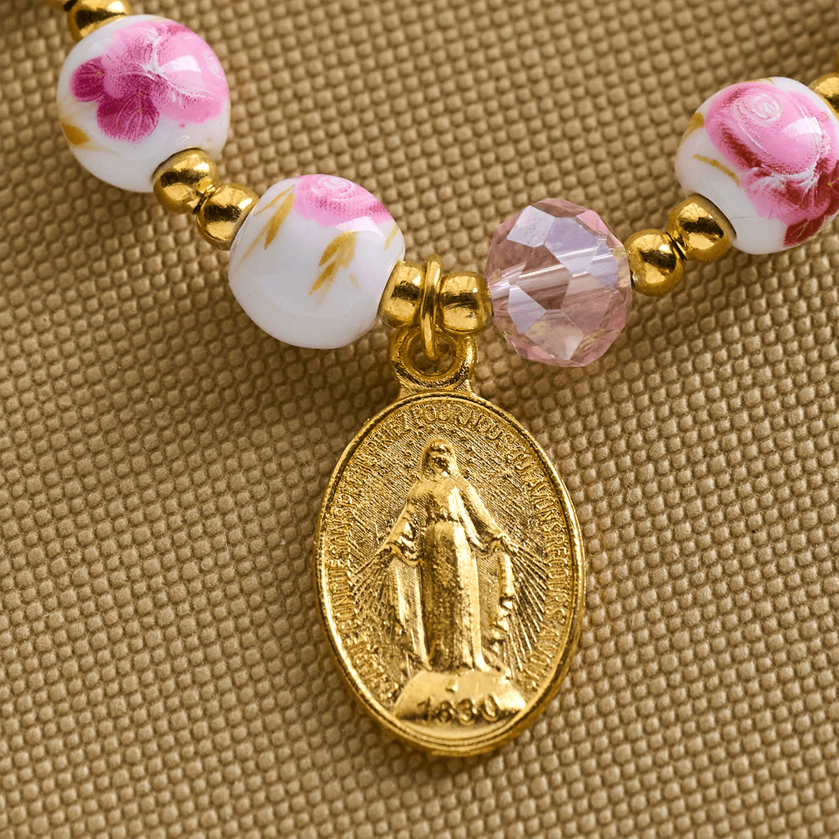 Christianartworkshop Elegant 8mm Flower Pattern Pink Ceramic Bracelet with Miraculous Medal