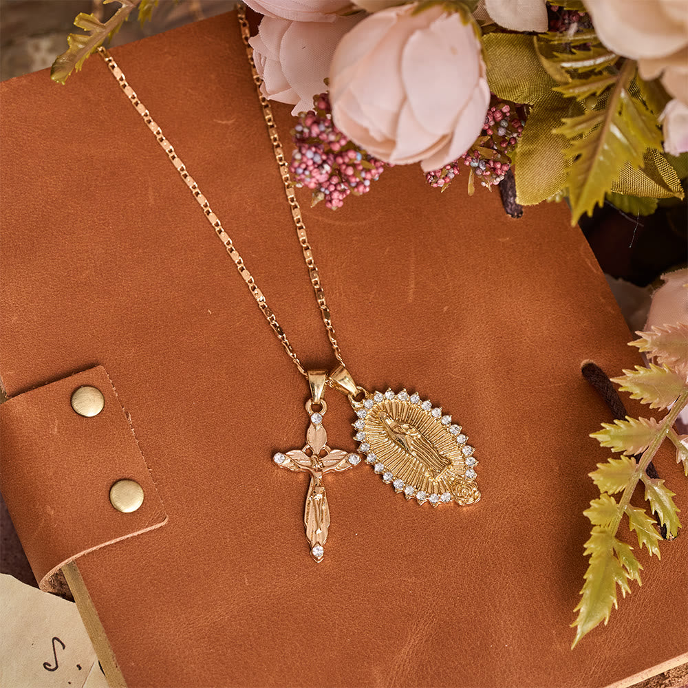 Christianartworkshop Virgin Mary & Crucifix Double Pendant Necklace With Zircon: Elegant Daily Devotion Faith Pendant
