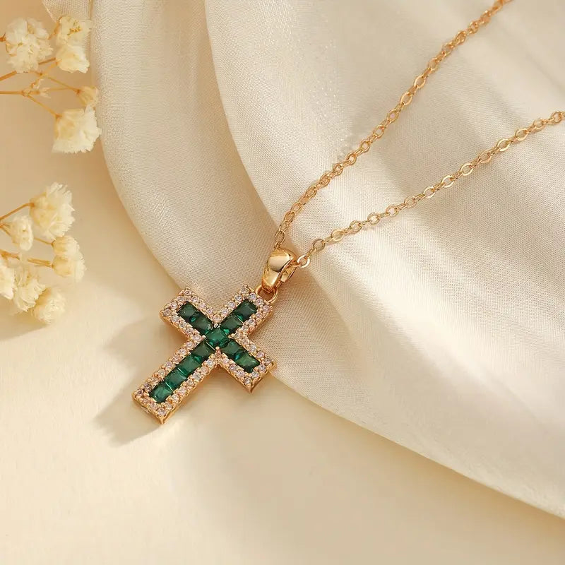Greer | Solene Emerald Cross Pendant Gold Necklace