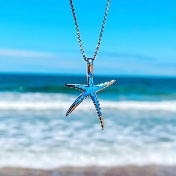 Necklace with Star Seahorse Pendant in Silver with Blue Opal