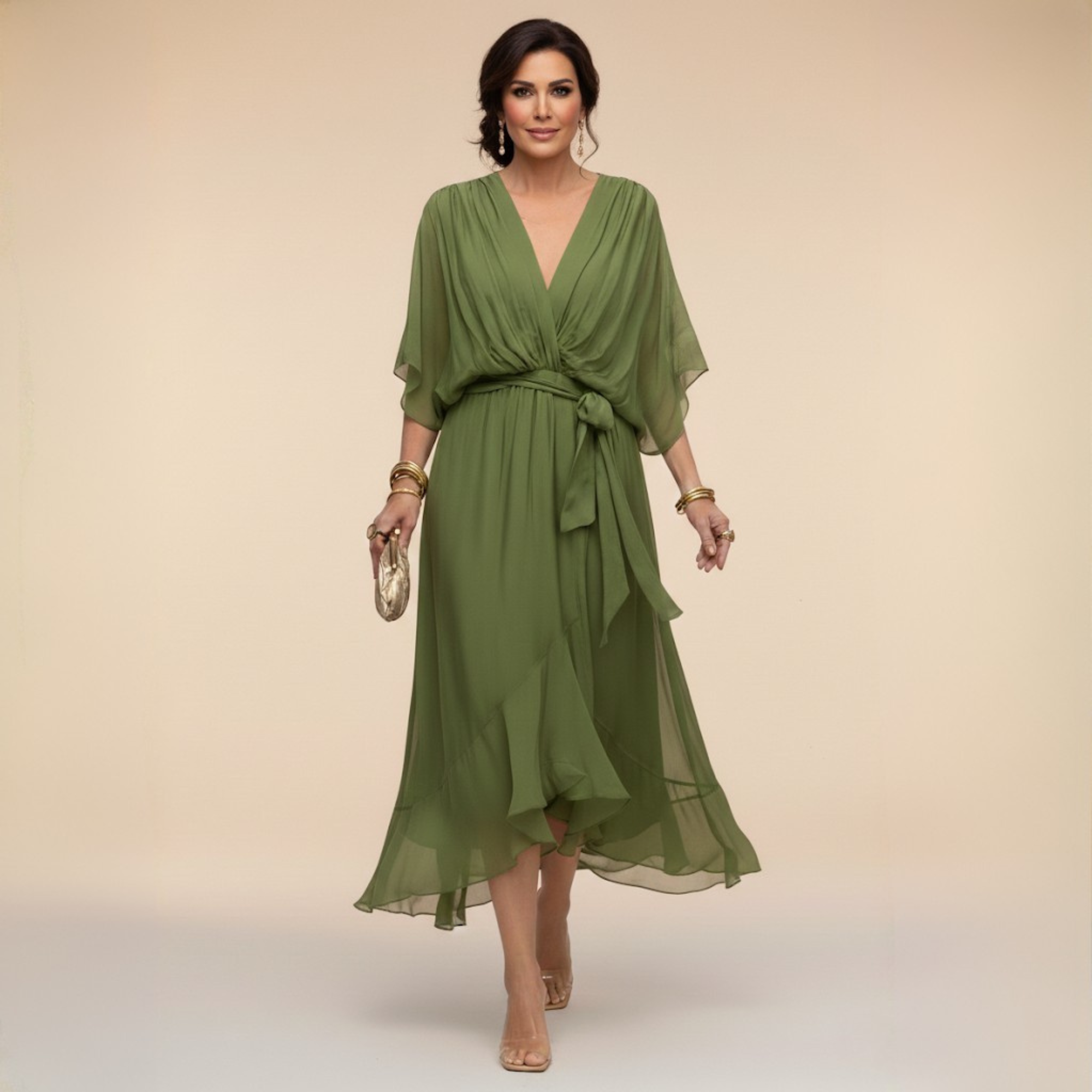 Verenia | Elegant V-Neck Flowy Sleeve Dress